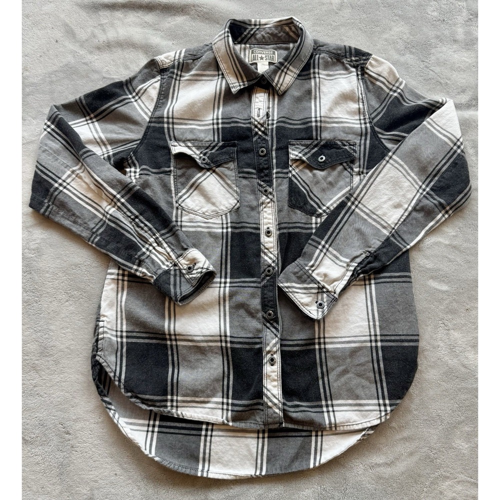 Converse All Star Women's Small Gray Plaid Flannel Button Front Shirt 100%